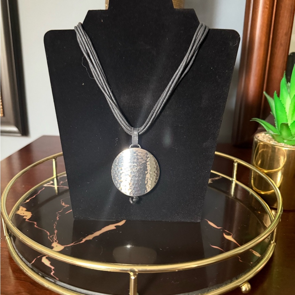 Silver Pendant Necklace with Black Cord (Signed Chico’s) 10”